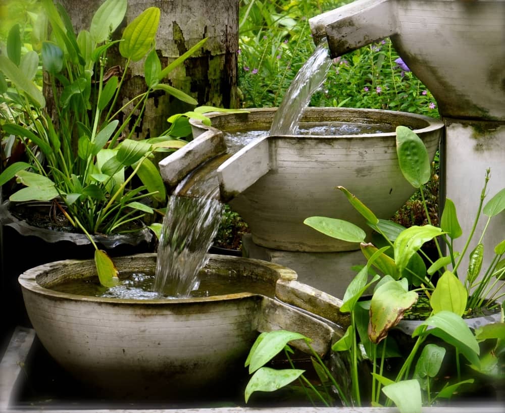 A cascading garden water feature