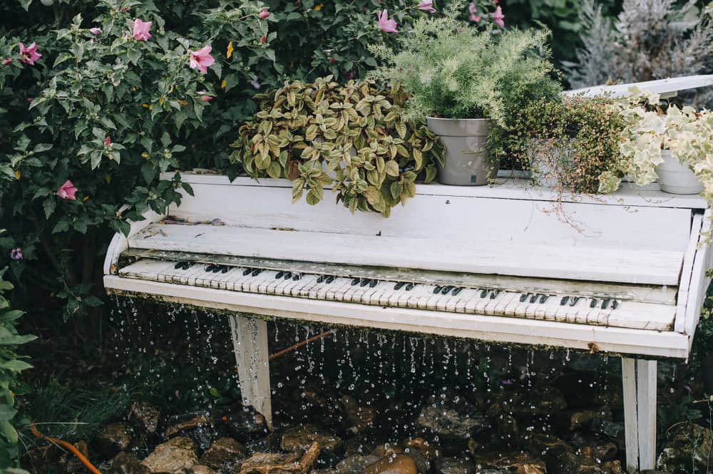 White piano waterfall with flower pods