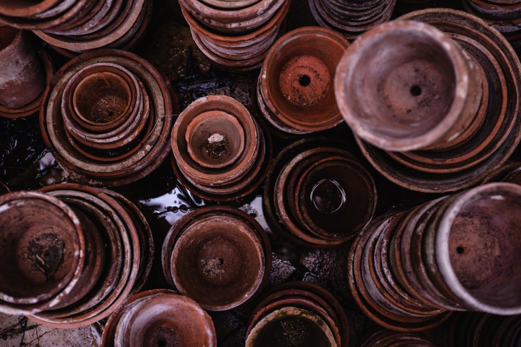 Empty plant pots with a drainage holes