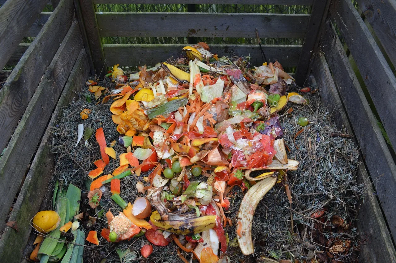 A wooden compost bin with fresh kitchen scraps