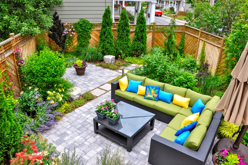 seating area surrounded by lush foliage
