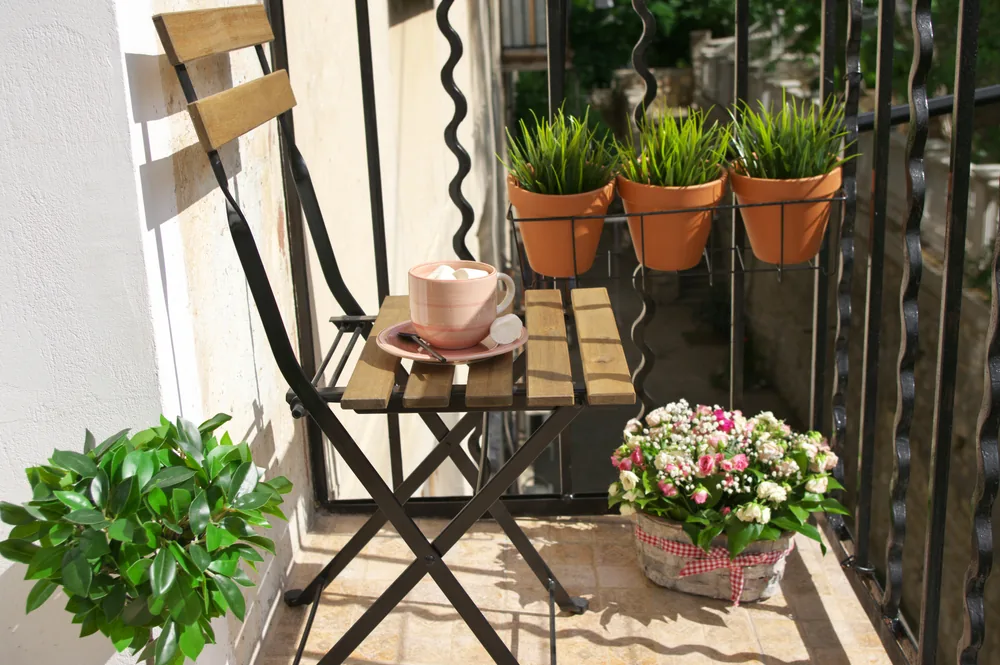 small balcony with potted plants